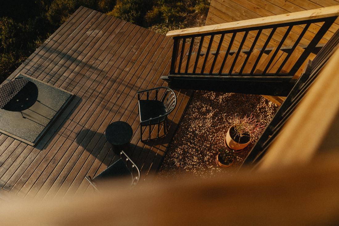 The deck from above, braai and fire pit