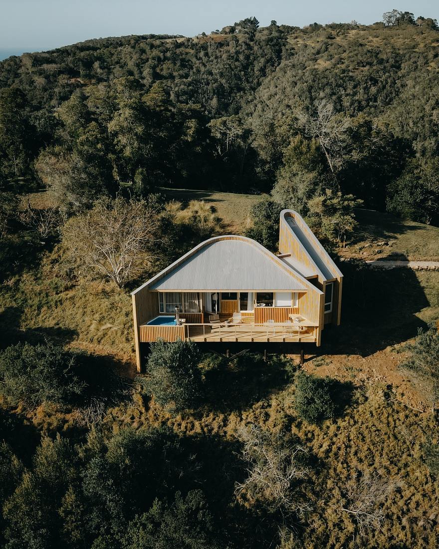 Sand Cabin from the air, deck and plunge pool