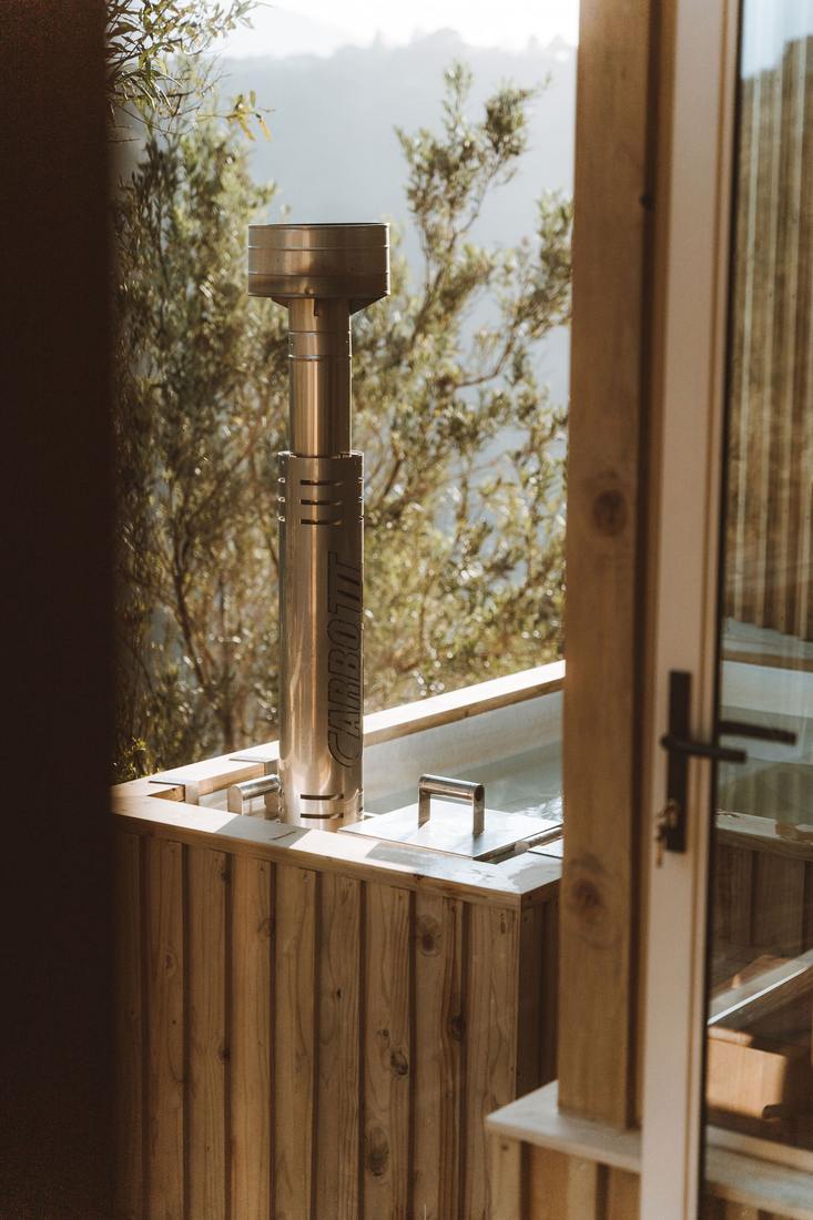 Wood-fired hot tub on the deck
