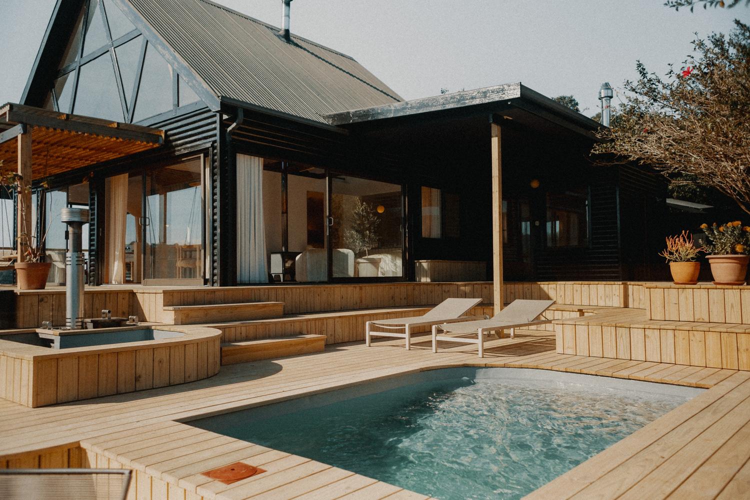 Luna Cabin's private pool and hot tub deck