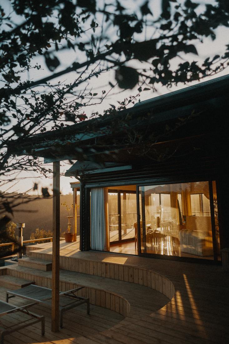 The deck and sliding doors at dusk